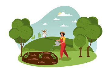 Spring gardening concept. Girl with watering can waters plants. Young attractive character, farming and farming. Hard work in field, nature and organic food. Cartoon flat vector illustration