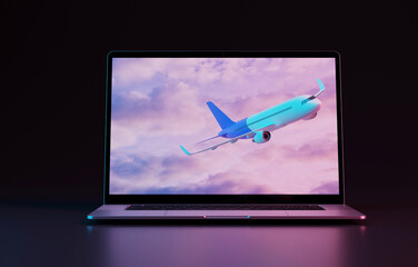Plane leaving the laptop. Concept of traveling by plane, ordering tickets online, traveling on the internet. .3d render, 3d illustration.