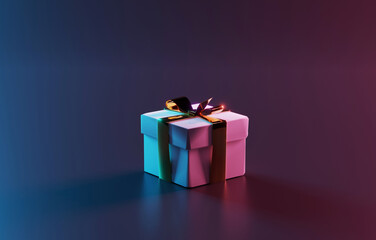 White gift with a golden ribbon on a dark background. The concept of giving gifts, surprises. Bringing joy to loved ones. .3d render, 3d illustration.