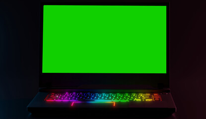 Laptop with a green screen. Concept of content replenishment on laptop, computer. .3d render, 3d illustration.