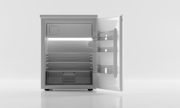 Open small white fridge. 3d render, 3d illustration. Concept of empty fridge, no food, starving.