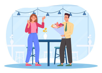 Man gives flowers. Couple in restaurant, romantic date. Happy family, unexpected gift, surprise. March 8 or valentines day. Luxury getaway after work with boyfriend. Cartoon flat vector illustration