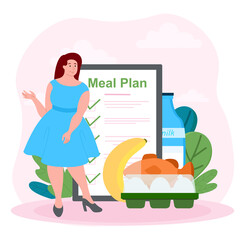 Meal plan concept. Girl forces her diet. Weight gain and weight loss, character near leaf and products. Fitness and health care. Banana, eggs, milk or water. Cartoon flat vector illustration