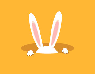 Easter rabbit, easter Bunny in the hole.Rabbit ears.Icon vector,isolated on orange background.