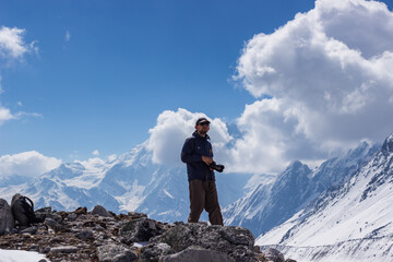 Hiker at Thorong La Manaslu pass, Himalayas