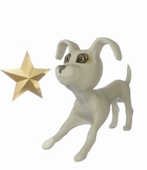 Dog and Gold Star and Flat White Background