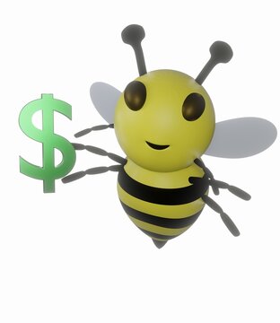 Bee and Green Money Symbol and Flat White Background