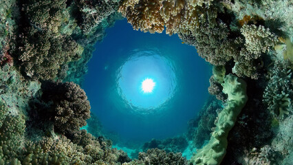 The underwater world of coral reef with fishes at diving. Coral garden under water. Philippines.