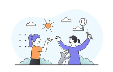 Girls and puppy. Young women play with pet in street. Outdoor recreation, active lifestyle and fun with dog. Summer or spring day in city park, weekend, entertainment. Cartoon flat vector illustration