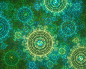 Abstract fractal art background of many concentric circles in green, blue and yellow.