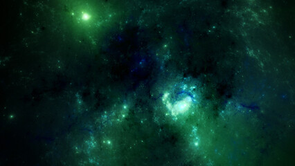 Abstract fractal art background suggestive of a green nebula and stars in outer space.
