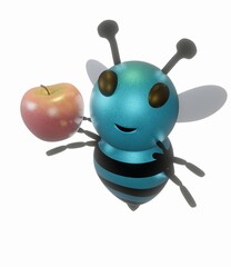 Blue Bee and Red Apple and Flat White Background