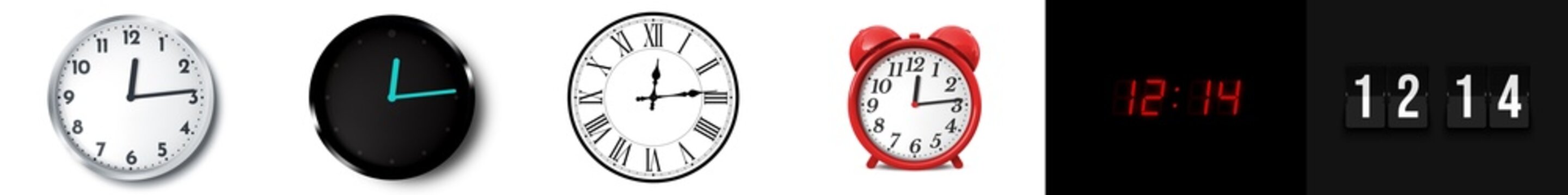 12:14 (AM and PM) or 00:14 time clock icons
