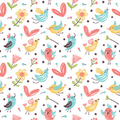 Seamless pattern in the concept of children's drawings. Background with flowers, hearts and birds.
