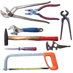 Old used hand working tools collection isolated on white