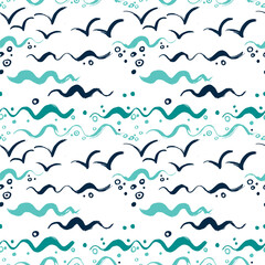 Summer seamless pattern with abstract waves and seagulls. Painted by hand with a dry brush.