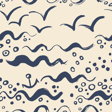 Summer seamless pattern with abstract waves and seagulls. Painted by hand with a dry brush.