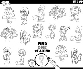 one of a kind game with cartoon women coloring book page