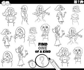 one of a kind task with cartoon women coloring book page
