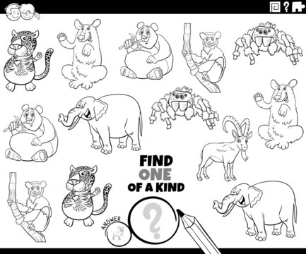 one of a kind game with cartoon animals coloring book page
