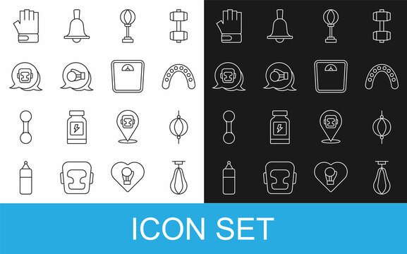 Set line Punching bag, Mouth guard boxer, Boxing glove, helmet, MMA and Bathroom scales icon. Vector