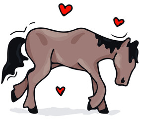 Fototapeta na wymiar Vector colorful handdrawn lovely horse with hearts, cartoon style