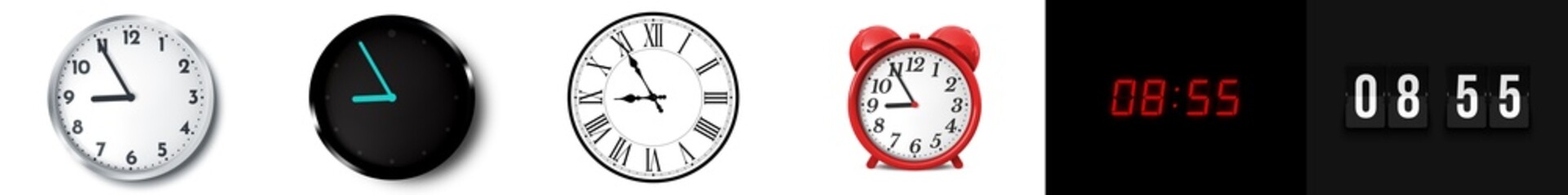 08:55 (AM and PM) or 20:55 time clock icons