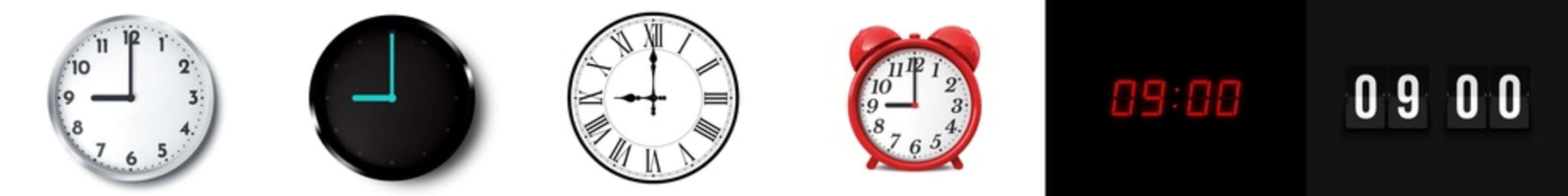 09:00 (AM and PM) or 21:00 time clock icons