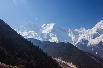 Snowy mountain peaks in the Himalayas Manaslu region