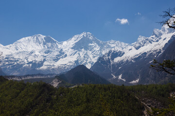 Fototapeta premium View of snow-capped mountain peaks in the Himalayas Manaslu region