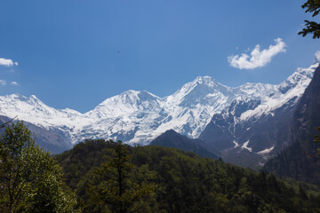 Fototapeta na wymiar View of snow-capped mountain peaks in the Himalayas Manaslu region