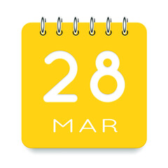 28 day of the month. 28 March. Cute yellow calendar daily icon. Date day week Sunday, Monday, Tuesday, Wednesday, Thursday, Friday, Saturday. Cut paper. White background. Vector illustration.