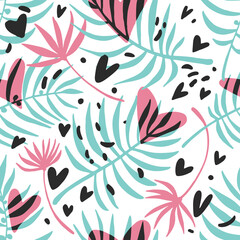 Seamless background with leaves, flowers  in pastel colors.