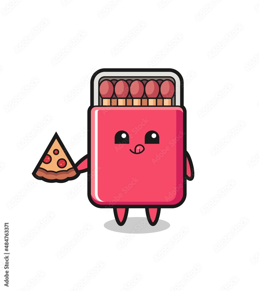 Poster cute matches box cartoon eating pizza