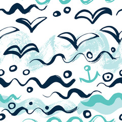 Simple seamless background with seagulls and sea. Drawn with gouache, dry brush.