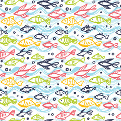 Seamless pattern with bright fishes. Handwork.