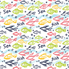 Seamless pattern with fishes. Colored ink. Handmade.