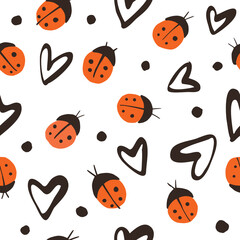 Seamless pattern with ladybugs, hearts and flowers.