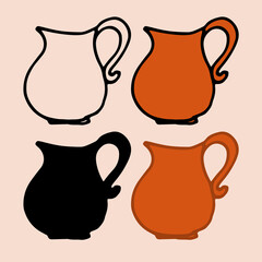 ceramic jug icon. a doodle-style set of jugs with a handle, isolated black outline and silhouette on white for a design template. orange vase side view