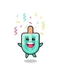 happy popsicles mascot jumping for congratulation with colour confetti