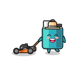 illustration of the lighter character using lawn mower