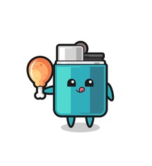 lighter cute mascot is eating a fried chicken