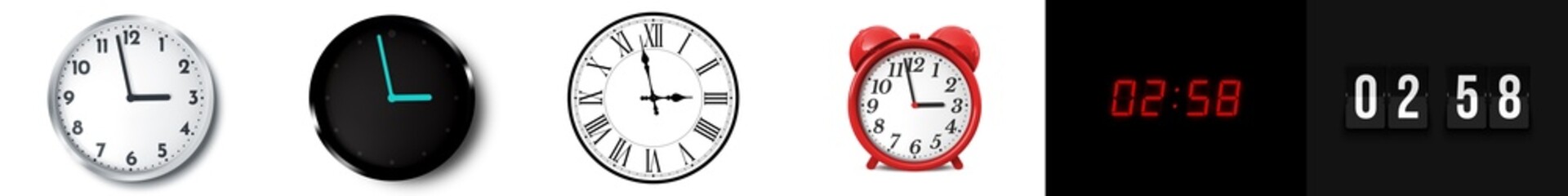 02:58 (AM and PM) or 14:58 time clock icons