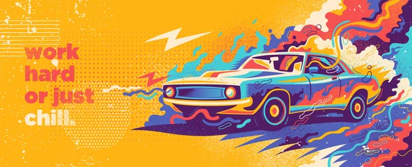 Fototapeten Colorful abstract graffiti design with muscle car and various splashing shapes. Vector illustration. © Radoman Durkovic