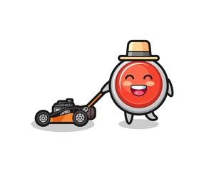 Fototapeta premium illustration of the emergency panic button character using lawn mower