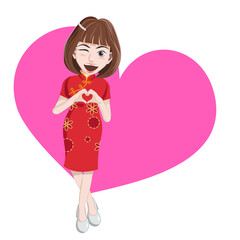 Cartoon character teenager girl in red dress for chinese new year Hand made heart symbol and pink hearts on background isolated on white backgrounds vector illustration character with smile