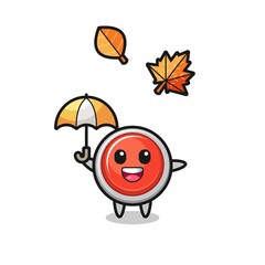 cartoon of the cute emergency panic button holding an umbrella in autumn