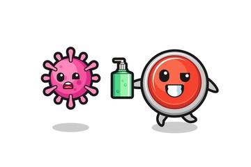 illustration of emergency panic button character chasing evil virus with hand sanitizer