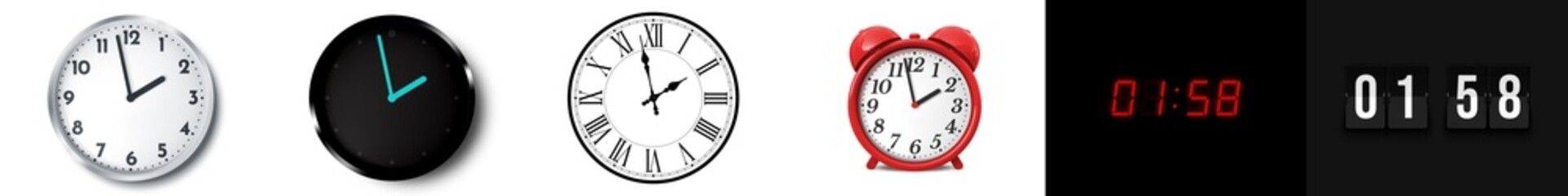 01:58 (AM and PM) or 13:58 time clock icons