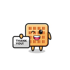 the mascot of the waffle holding a banner that says thank you